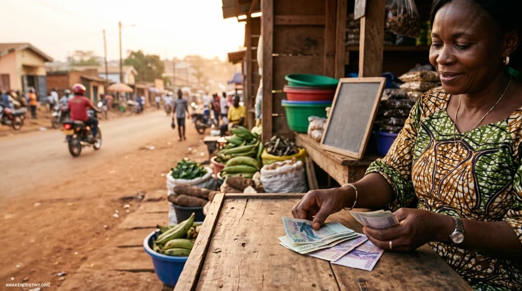 Mains comptant des francs CFA sur un étal de marché à Yaoundé — l’argent envoyé depuis l’Europe arrive dans le quotidien