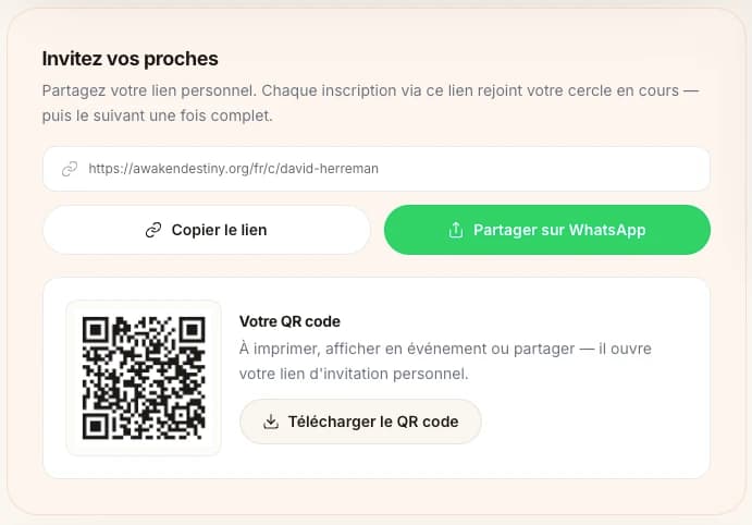 My Circle sharing tools: referral link, QR code, and message kit.