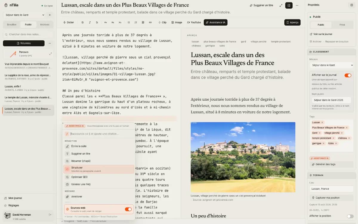 nTilia interface: Markdown editor, field mission, GPS, and AI assistance the author must approve